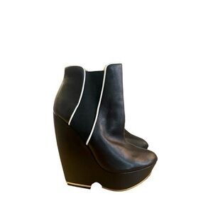 L.A.M.B Gwen Stefani Diva Black Leather Platform Ultra Hight Wedge Boots 7.5‎